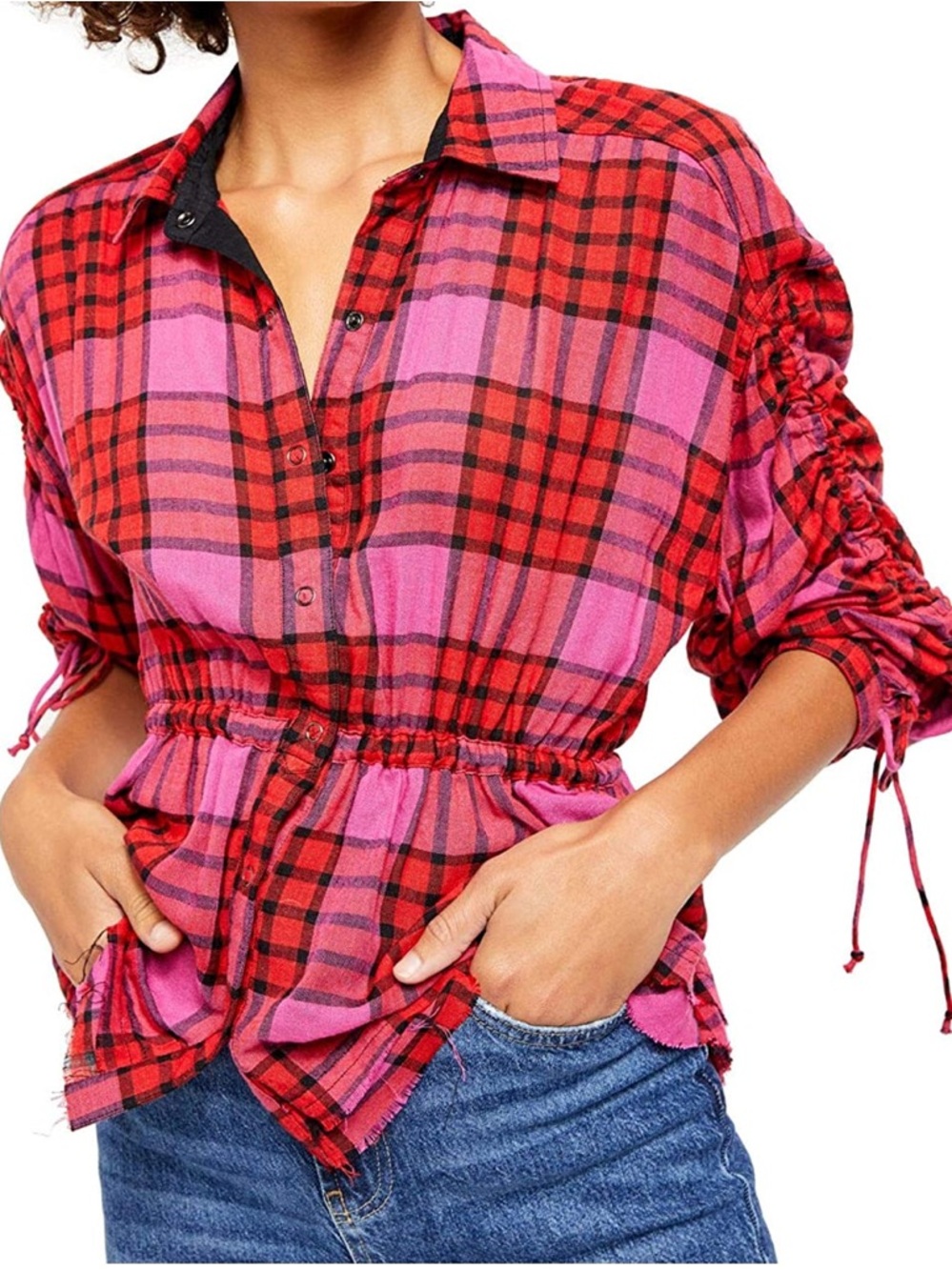 Free People Pacific Dawn Drawstring Plaid Shirt - NWT